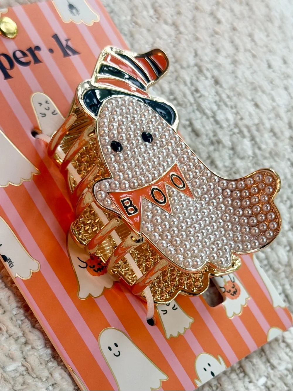 Piper K Ghost Hair Claw Clip Metal Faux Pearl Black Orange Enamel Halloween New